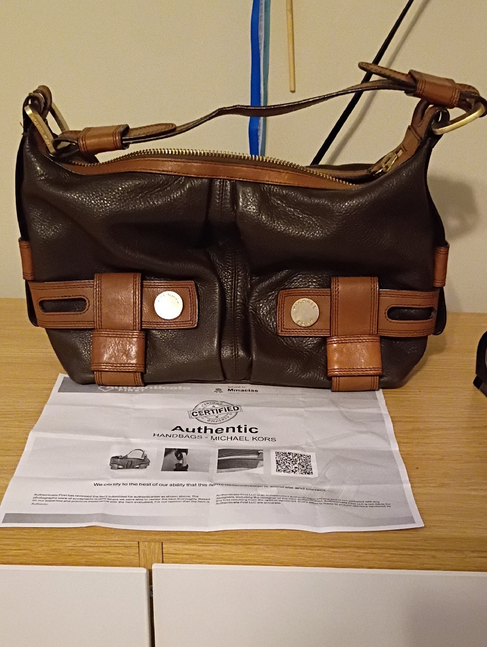 Michael Kors Dark Brown Leather Shoulder Bag with Tan Trim